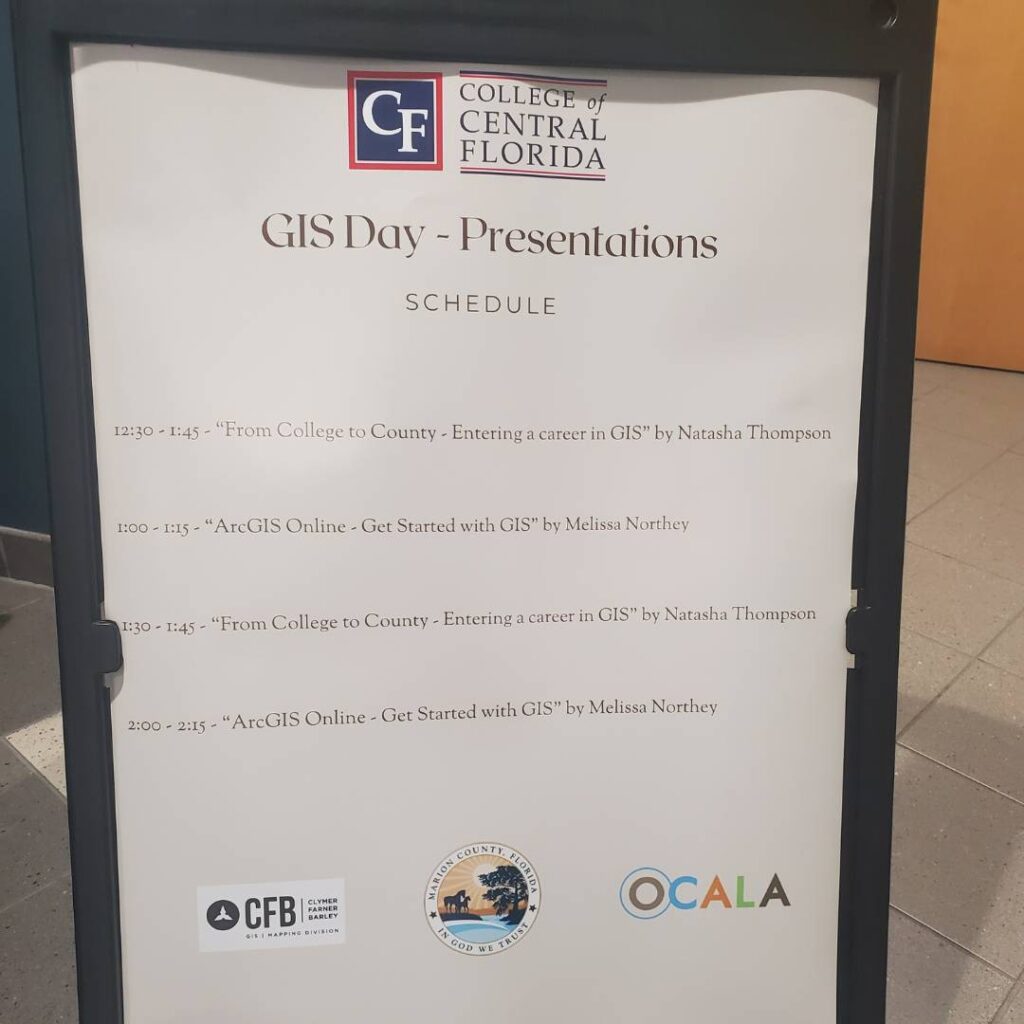 A sign showing CFB's involvement at GIS Professionals Day at College of Central FLorida